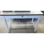 Early 20th Century pine three plank white enamel top painted single drawer kitchen table.