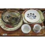 Tray of assorted china and glass to include: a Royal Albert 'Moss Rose' sugar basin and milk jug,