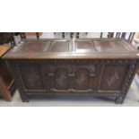 18th Century style oak coffer having four carved lozenge foliate panels on stile feet. (B.P. 21% +