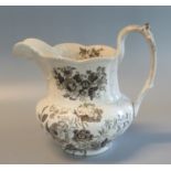 Swansea Baker, Bevan & Irwin 'opaque china' brown transfer printed, pouch-shaped jug with gadroon