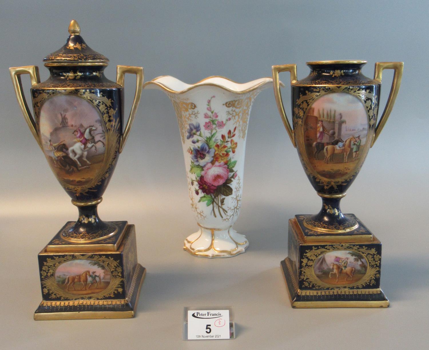 Pair of early 20th Century Austrian Vienna porcelain urn shaped two handled vases, both standing