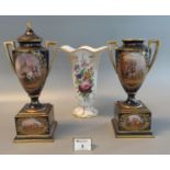 Pair of early 20th Century Austrian Vienna porcelain urn shaped two handled vases, both standing