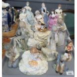 Two trays of various ceramic figures to include; Royal Worcester; 'First Quadrille', 'The Milkmaid',