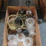 Box of light fittings and shades to include; two wooden and metal ceiling light fittings, two