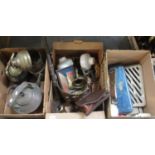 Three boxes of assorted items mostly metalware to include; copper kettle, brass relief design spirit
