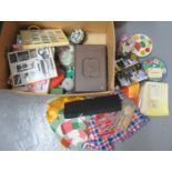 Large box of assorted haberdashery, craft items and textiles to include; yarn, needles, cotton