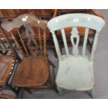 Two similar early 20th Century curve, slat and spindle back kitchen chairs with moulded seats, one