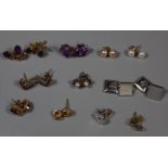 Collection of 9ct gold gemset earrings and a pair of 9ct white gold cufflinks. (B.P. 21% + VAT)