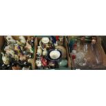 Three boxes of assorted china, glassware and ornaments: a pair of small Staffordshire dogs, a