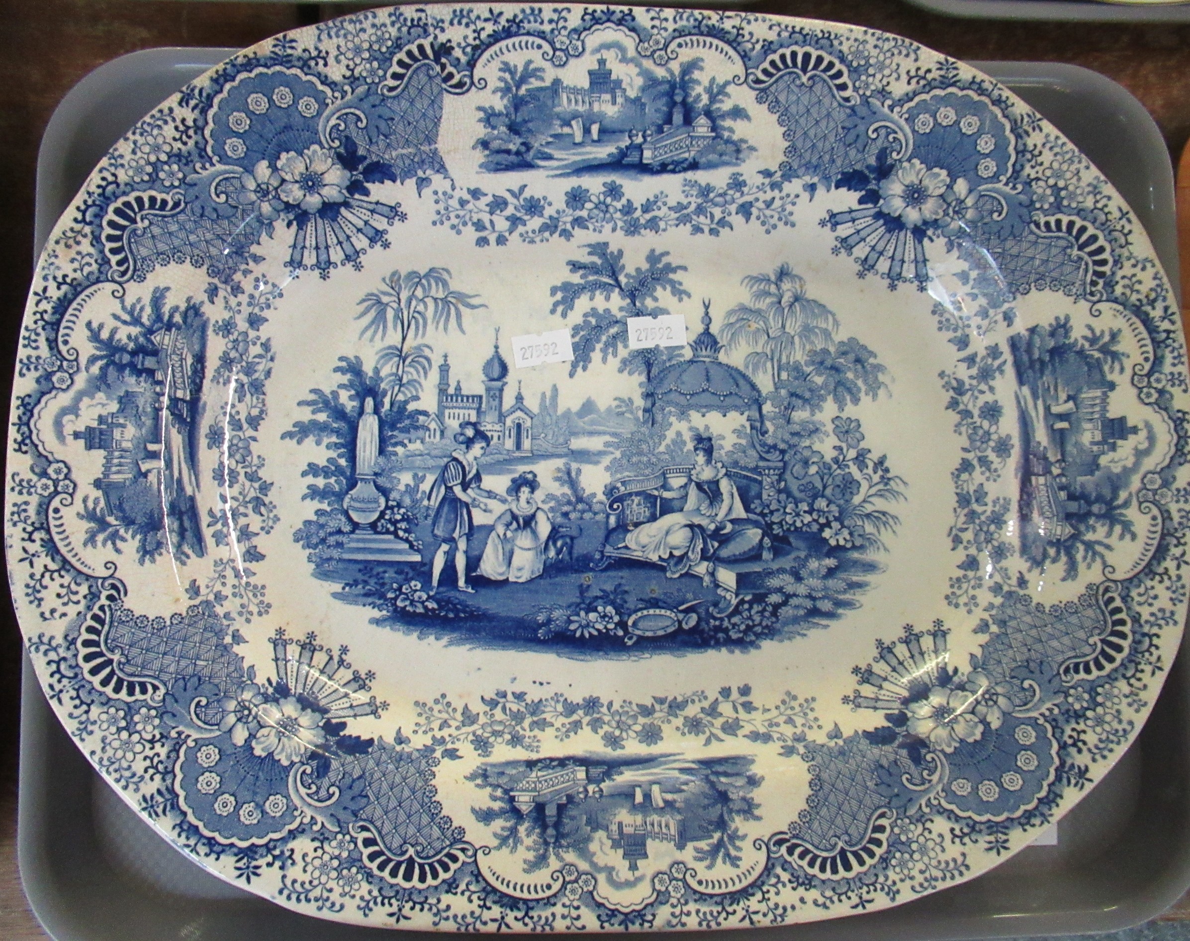 A pair of 19th Century blue and white Staffordshire meat dishes 'Spanish Beauties' pattern, - Image 7 of 12