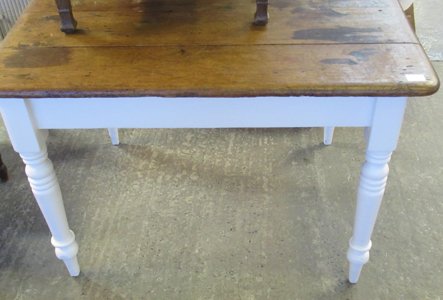Late Victorian painted pine farmhouse table with dummy drawer on turned legs. (B.P. 21% + VAT)