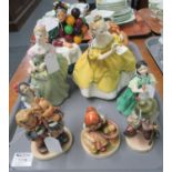 Tray of china figurines to include: Royal Doulton 'The Old Balloon Seller', Royal Doulton 'Romance',
