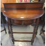 Early 20th Century oak demi-lune barley twist side table with central drawer. (B.P. 21% + VAT)