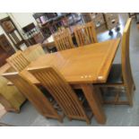 Good quality large modern oak dining table on square legs, together with a set of six matching