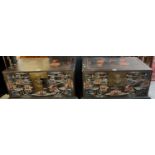 A pair of Chinese lacquered and painted travelling trunks or boxes decorated with panels of