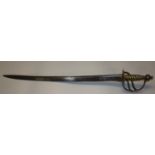 19th Century brass hilted steel bladed hanger or military sword, the fullered blade marked S.M