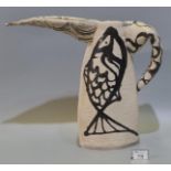 Picasso style 20th Century art pottery single handled jug with long beak type spout and hand painted