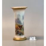 Royal Worcester porcelain cylinder vase with flared neck, hand painted with Highland cattle in a