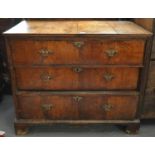 18th Century walnut and oak three drawer straight fronted chest with moulded edge top on bracket