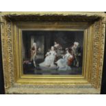 British school (19th Century), monogrammed C.E, 18th Century figures in an interior, oils on