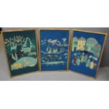 A group of three Sudanese applique fabric panels depicting; wild animals, figures on a boat with