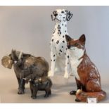Four Beswick china animals, seated fireside red Fox, shape no. 2348, 32cm high approx, together with