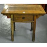 Chinese small altar table with cleated top over single drawer on square supports. 79 x 41 x 77cm
