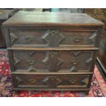 17th century oak Jacobean straight front chest of three drawers, standing on style feet. 86 x 56 x