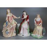 Three Royal Doulton bone china figurines to include; 'Titania' HN3679, 'Ophelia' HN3674 and 'Juliet'