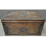 Plain West African wooden trunk with applied repousse white metal decoration, probably Ghanaian.