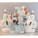 Two pairs of 19th Century Staffordshire pottery flat backed equestrian figures; 'Wellington' and '