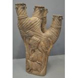 West African carved Unity drum from a single multi-stemmed trunk, overall carved with figures, lions