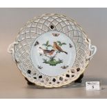 Herend Hungarian porcelain hand painted lattice design basket with twisted handles, the central