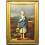 British school (19th Century), portrait of a young fisher girl, bare footed with a pail ,standing on
