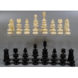 19th Century St George's style stained ebony and ivory 32 piece chess set with sloped knights in