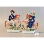 Pair of 19th Century Staffordshire pottery equestrian flat backed figures; 'Queen' and 'Albert',