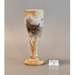 Royal Worcester blush ivory porcelain tulip vase hand painted with pheasants amongst foliage, signed
