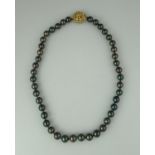 String of black cultured pearls with 14ct gold clasp. Length 16.5 inches (42cm). (B.P. 21% + VAT)