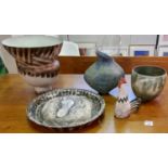 A collection of five art pottery items to include; study of a stylised cockerel, unusual circular