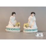 Pair of Staffordshire pottery figures; little girl with rats, on oval base, 13cm high approx. (B.