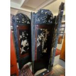 Early 20th Century Japanese four fold lacquered screen having pierced crestings with birds amongst