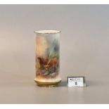 Royal Worcester porcelain vase of cylinder form, hand painted with Highland cattle, signed by H