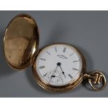 An American Watch Company Waltham fancy 14ct gold keyless Hunter pocket watch with enamelled Roman