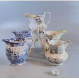 Group of five 19th Century Welsh pottery jugs to include; blue and white transfer printed Swansea