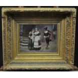 Continental school (19th Century), figures in a cobbled street, signed with monogram J.P, oils on