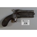 19th Century pin fire over and under pocket pistol, unnamed, having checkered grips and turn over 3"