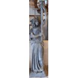 A contemporary Verdigris metal garden statue of a Grecian woman holding a torch on square base.