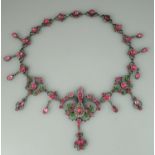 Victorian pink paste fringe necklace. The pink and green stones in foiled silver mounts