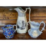 Three Welsh pottery jugs to include; Llanelly pottery 'Milan' pattern octagonal jug impressed 'South