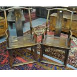 Pair of Chinese stained wooden splat backed elbow chairs with solid panel seats. (2) (B.P. 21% +